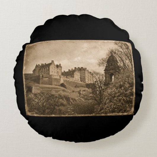 Edinburgh Castle Sepia Photograph Rundes Kissen (Vorderseite)