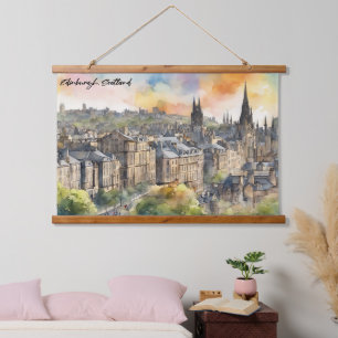 Edinburgh Schottland Schloss Aquarell Reise Wandteppich Mit Holzrahmen