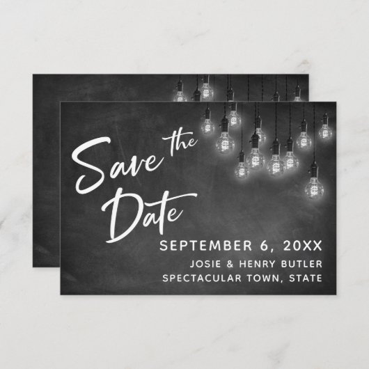 Edison Lights und Chalkboard Modern Save the Date RSVP Karte (Vorne/Hinten)