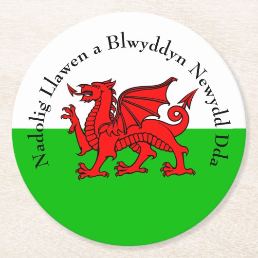 Edit Text Welsh Flag Red Dragon Weihnachten Runder Pappuntersetzer (Vorderseite)
