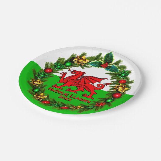 Edit Text Year Welsh Flag Red Dragon Christmas 7" Pappteller (Schrägansicht)