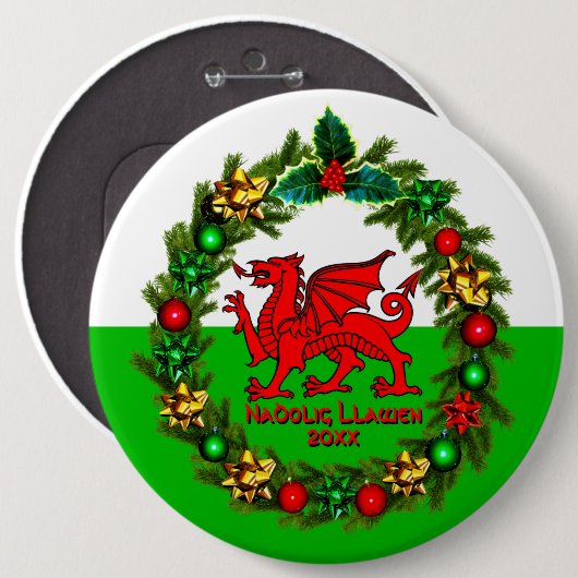 Edit Text Year Welsh Flag Red Dragon Weihnachten Button (Vorne & Hinten)