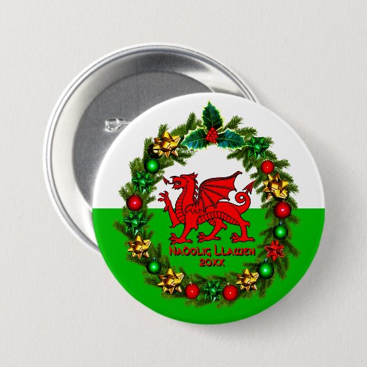 Edit Text Year Welsh Flag Red Dragon Weihnachten Button (Vorne & Hinten)