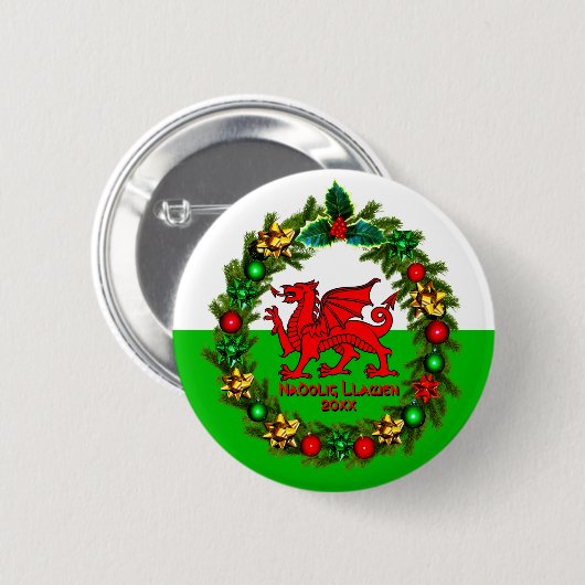 Edit Text Year Welsh Flag Red Dragon Weihnachten Button (Vorne & Hinten)