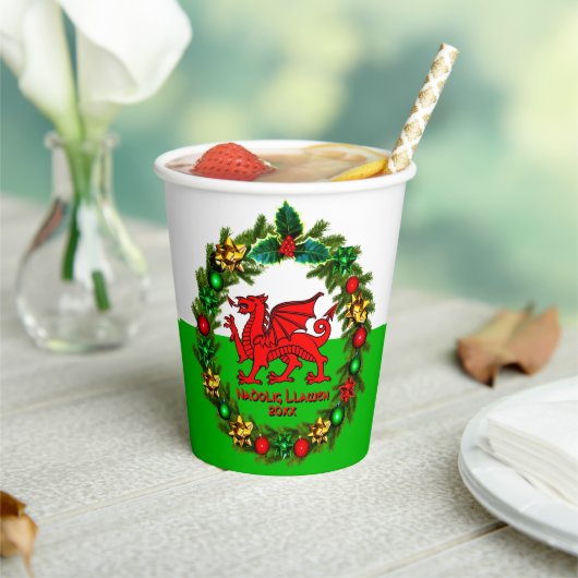 Edit Text Year Welsh Flag Red Dragon Weihnachten Pappbecher (In Situ)