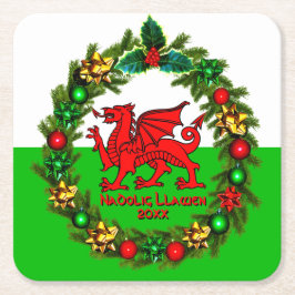 Edit Text Year Welsh Flag Red Dragon Weihnachten Rechteckiger Pappuntersetzer