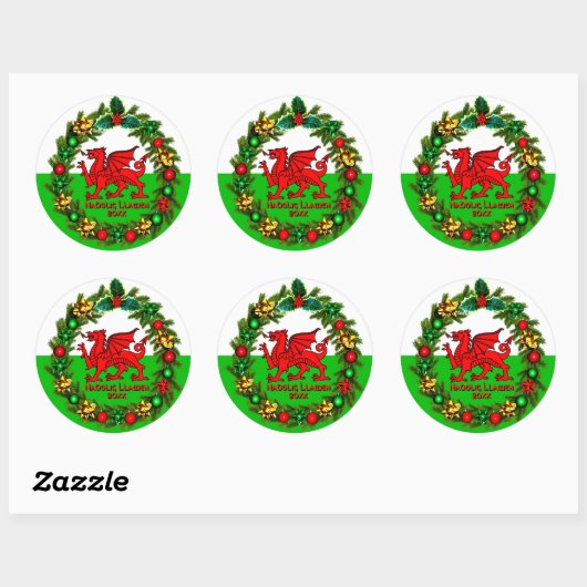 Edit Text Year Welsh Flag Red Dragon Weihnachten Runder Aufkleber (Blatt)