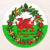 Edit Text Year Welsh Flag Red Dragon Weihnachten Runder Pappuntersetzer (Vorderseite)