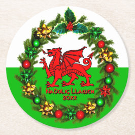 Edit Text Year Welsh Flag Red Dragon Weihnachten Runder Pappuntersetzer