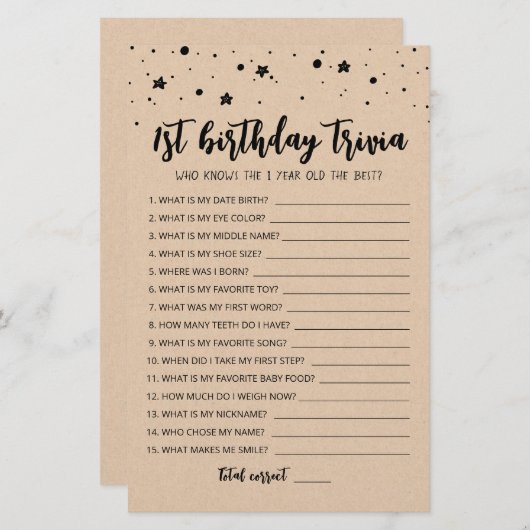 Editable 1. Geburtstagstrivia Geburtstagsparty (Vorne/Hinten)