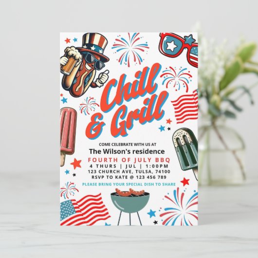 Editable 4. Juli Chill and Grill GRILLEN Party Einladung (Stehend Vorderseite)