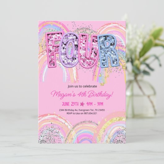 Editable 4th Birthday Einladung Girl Editable Rai (Stehend Vorderseite)