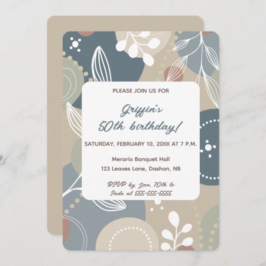 Editable Abstrakt Blue and Beige Blätter Geburtsta Einladung (Vorne/Hinten)