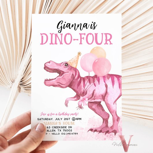 Editable AGE Pink T-Rex Dinosaurier Birthday Fun Einladung