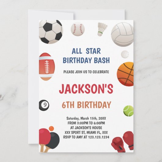 Editable All-Star Boys Athletic Party laden Sie ei Einladung (Vorderseite)