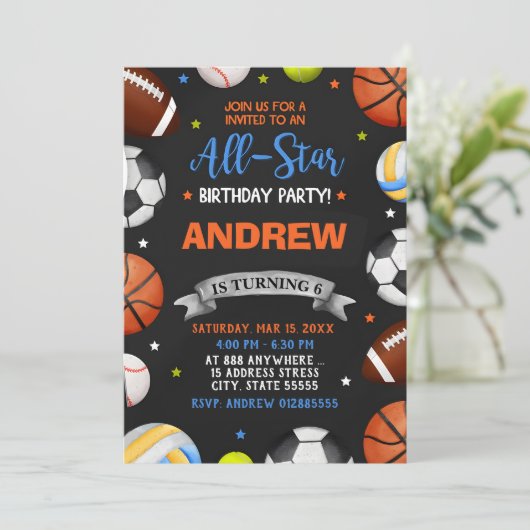 Editable All Star Sports - Einladung zum Geburtsta (Stehend Vorderseite)