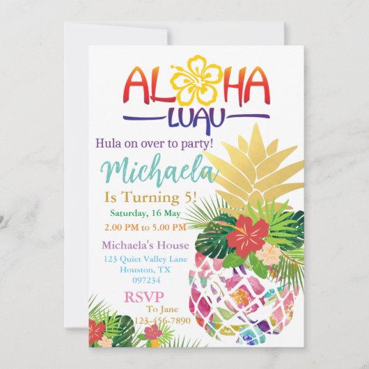 Editable Aloha Kids's Birthday Einladung (Vorderseite)