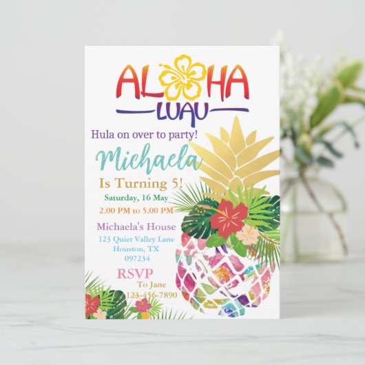 Editable Aloha Kids's Birthday Einladung (Stehend Vorderseite)