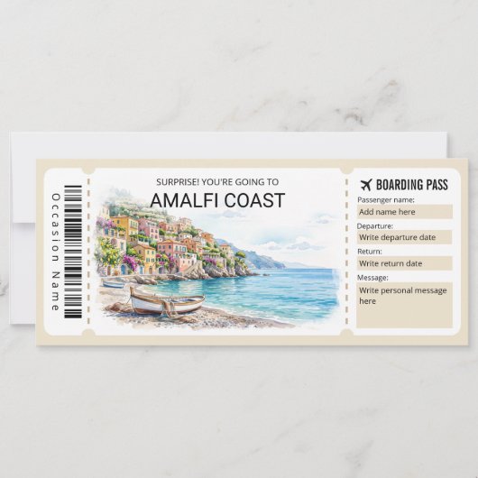 Editable Amalfi Coast Trip Boarding Pass Ticket Einladung (Vorderseite)