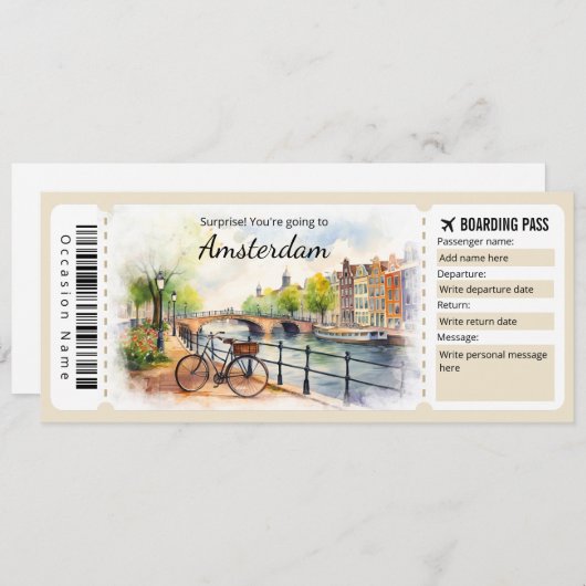 Editable Amsterdam Boarding Pass Flugzeug Ticket Einladung (Vorne/Hinten)