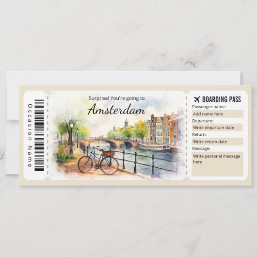 Editable Amsterdam Boarding Pass Flugzeug Ticket Einladung (Vorderseite)