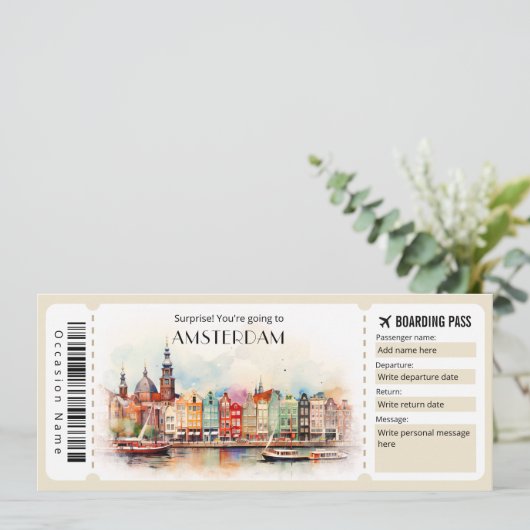 Editable Amsterdam Boarding Pass Flugzeug Ticket Einladung (Stehend Vorderseite)