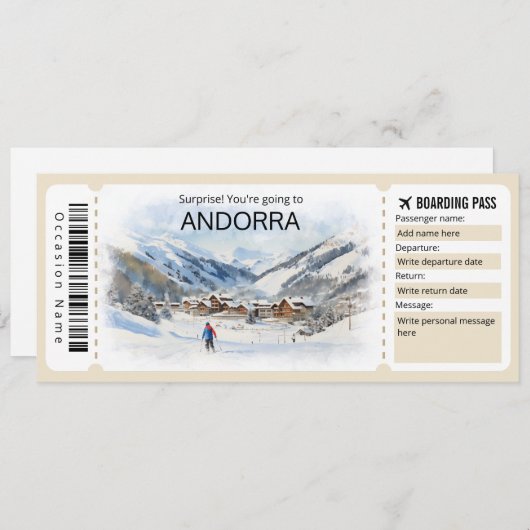 Editable Andorra Flugzeug Ticket, Andorra Trip Einladung (Vorne/Hinten)