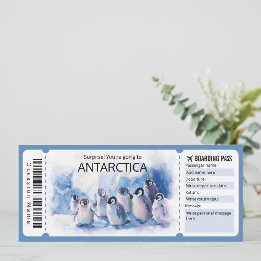 Editable Antarktis Flugzeug Ticket Antarktis Ausfl Einladung (Stehend Vorderseite)