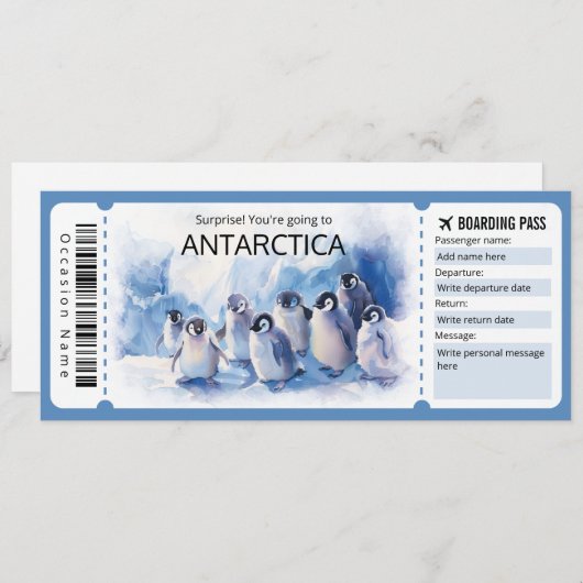 Editable Antarktis Flugzeug Ticket Antarktis Ausfl Einladung (Vorne/Hinten)