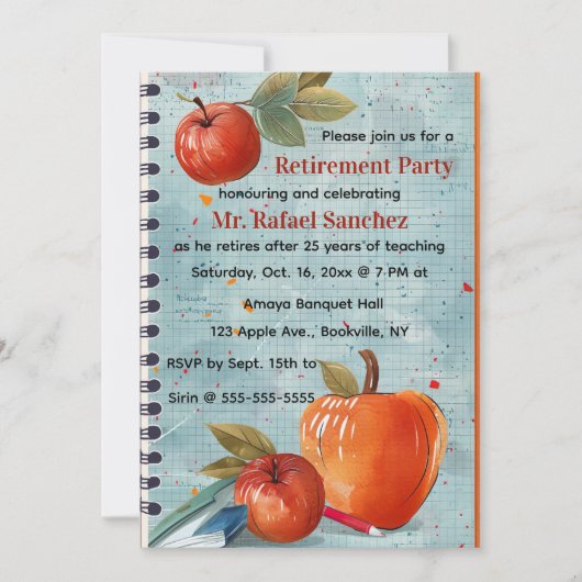 Editable Apple Graph Paper Teacher Retirement Einladung (Vorderseite)