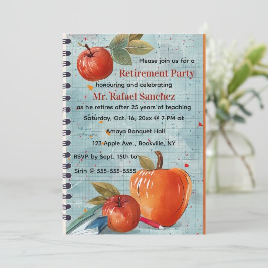 Editable Apple Graph Paper Teacher Retirement Einladung (Stehend Vorderseite)