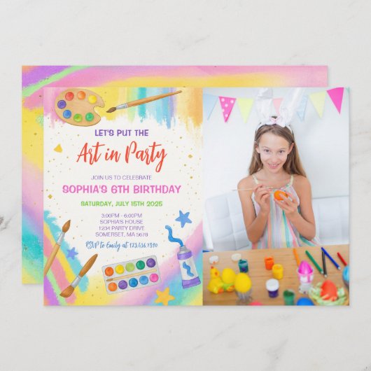 Editable Art Party Malerei Party Geburtstag Foto Einladung (Vorne/Hinten)