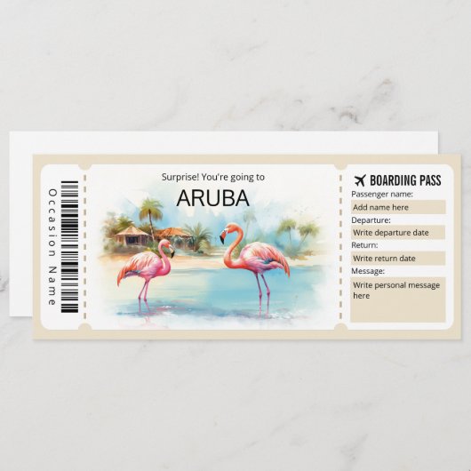 Editable Aruba Flugzeug Ticket Boarding Pass Einladung (Vorne/Hinten)