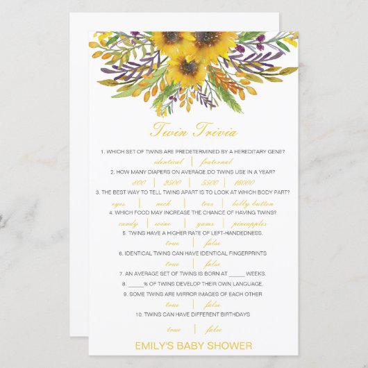 Editable Baby Twin Trivia Babydusche mit Antwort (Vorne/Hinten)