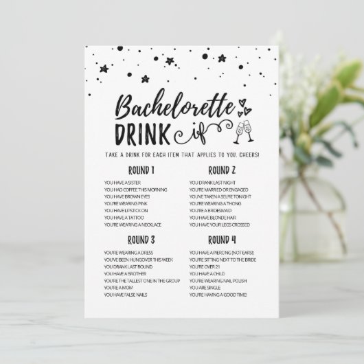 Editable Bachelorette DRINK IF Hen Party Game Card Einladung (Stehend Vorderseite)