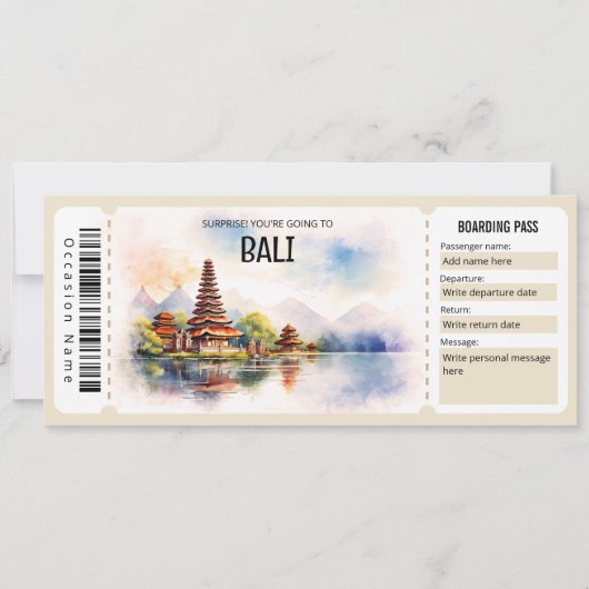 Editable Bali Flugzeug Boarding Pass Ticket Einladung (Vorderseite)