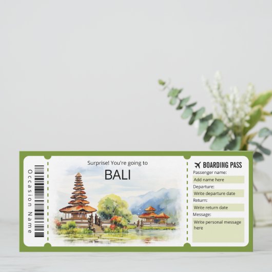 Editable Bali Flugzeug Ticket, Bali Trip Einladung (Stehend Vorderseite)
