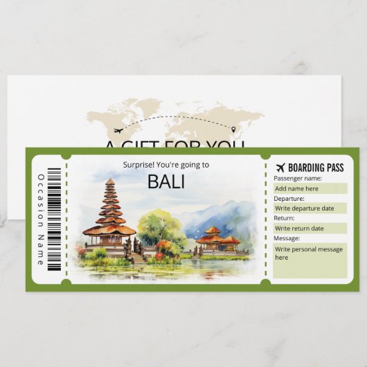 Editable Bali Flugzeug Ticket, Bali Trip Einladung (Vorne/Hinten)