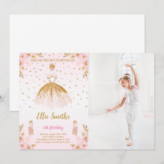 Editable Ballerina Birthday Foto Einladung (Vorne/Hinten)