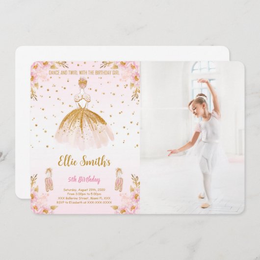 Editable Ballerina Birthday Foto Einladung (Vorne/Hinten)