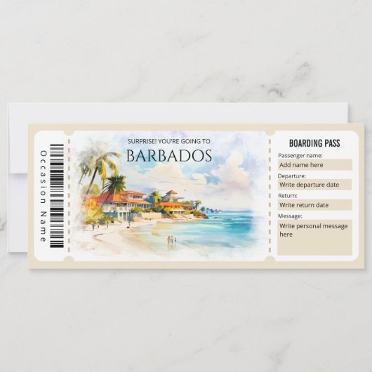 Editable Barbados Flugzeug Boarding Ticket Einladung (Vorderseite)