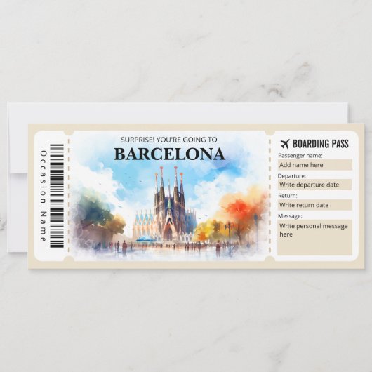 Editable Barcelona Spanien Flugzeug Boarding Pass Einladung (Vorderseite)