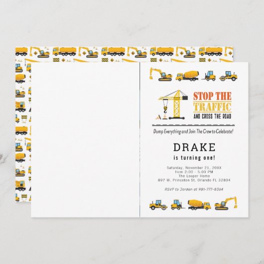 Editable Bau Trucks Thema Foto Geburtstag Einladung (Vorne/Hinten)