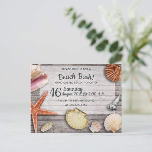 Editable Beach Bash Muscheln Party Einladung (Stehend Vorderseite)