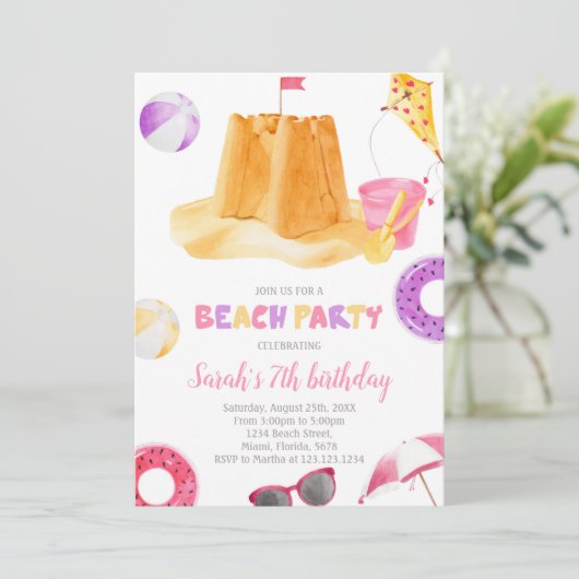 Editable Beach Birthday Einladung (Stehend Vorderseite)