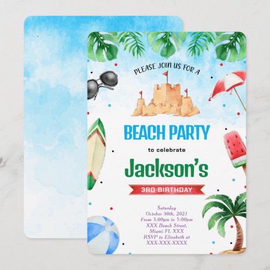 Editable Beach Birthday Einladungen (Vorne/Hinten)