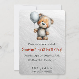 Editable Bear and a Balloon Birthday Einladung