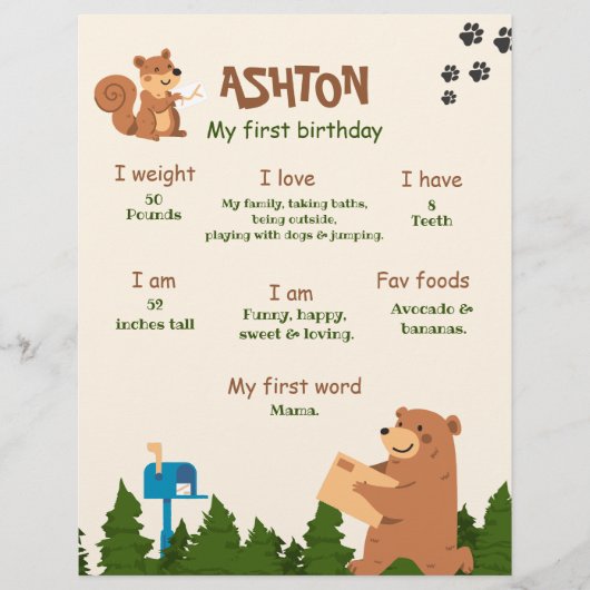 Editable Bear First Birthday Woodland Bear Boy 1. Flyer (Vorne)