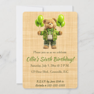 Editable Bear With Green Balloons Birthday Einladung