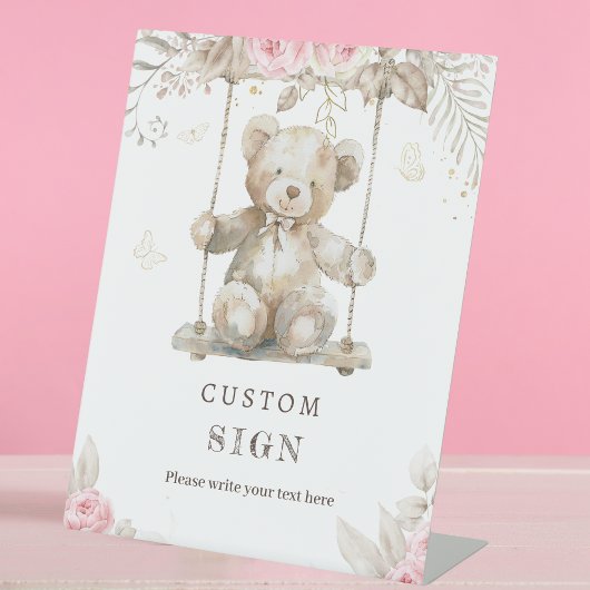 Editable Beige Teddy Bear Pink Floral Watercolor Sockelschild